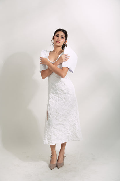 Ressa White Textured Jacquard Dress